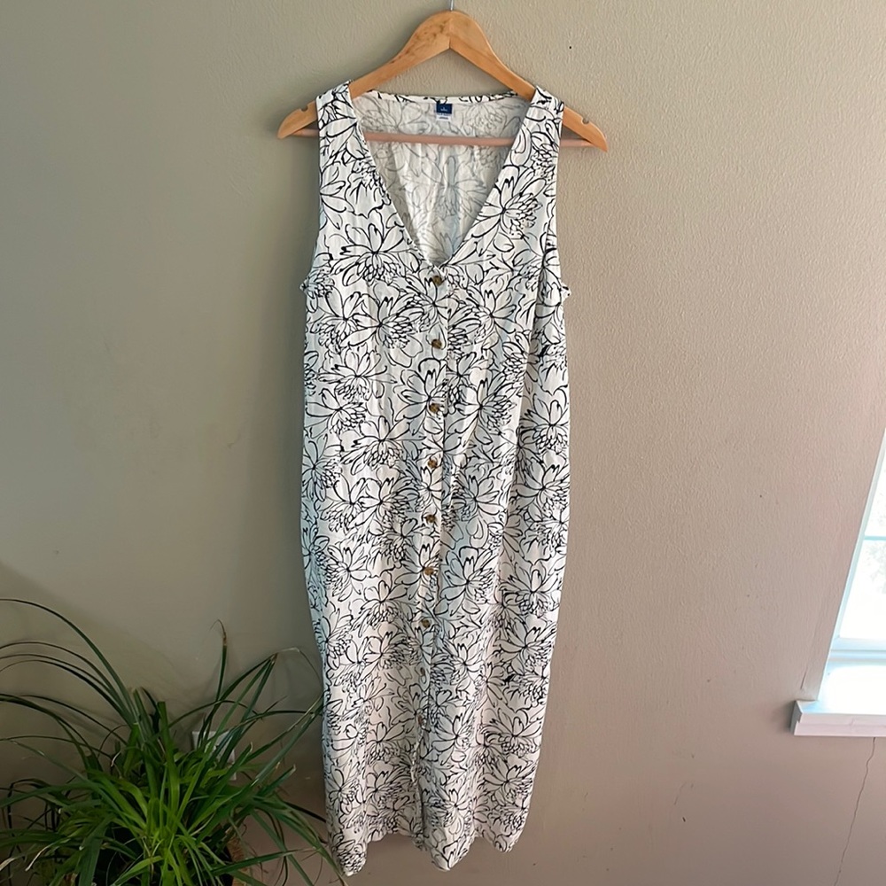 NWT Old Navy V-Neck Linen Blend White Black Jumper‎ Midi Dress Sz Lg Tall Casual